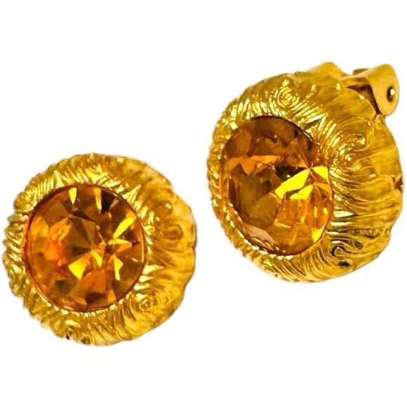 MISH TWORKOWSKI Gold Plated Citrine Yellow Orange Rhinestone Statement Clip On E - Picture 1 of 5